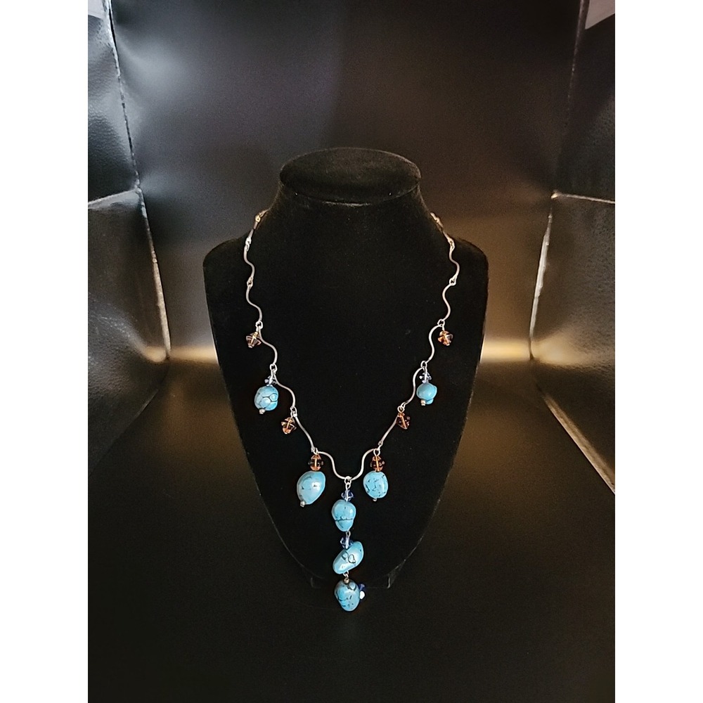 Y-drop Dyed Stone Necklace & Earring Set Wavy Chain Turquoise Dangles